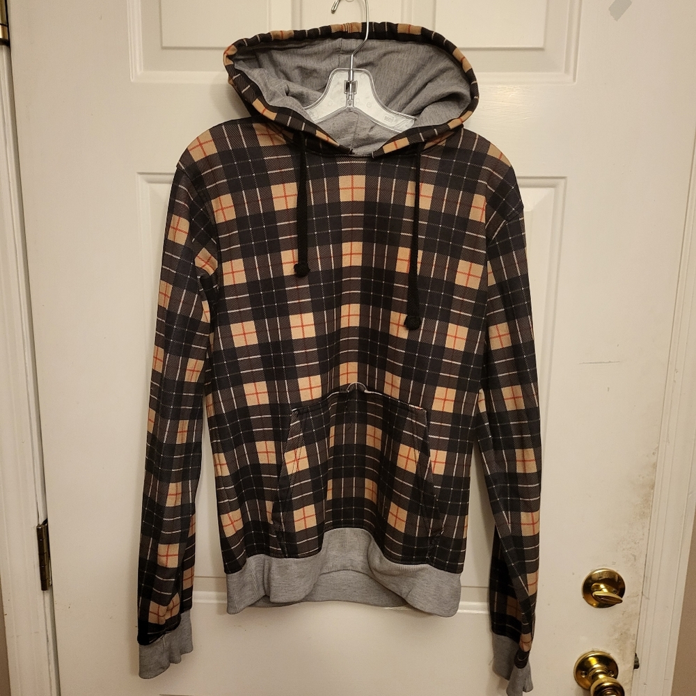 Women's Hooded Pullover Lined Sweatshirt Plaid Tan & Black w/Red Pinning Size M